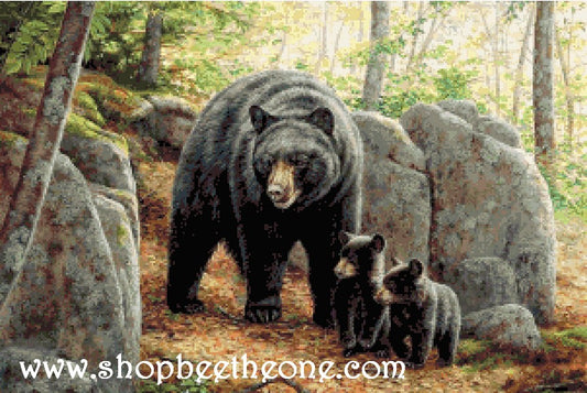 Diagramme grille digitale Broderie au point de croix - "Maman ourse et ses petits dans la forêt" - Collection "Dans la forêt"