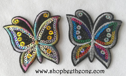 Applique écusson patch thermocollant Papillon arc-en-ciel à sequins holographiques - 2 coloris