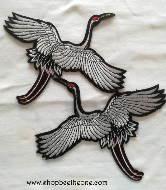 Maxi Applique écusson patch oiseau Grue du Japon - droite ou gauche - 16 x 18,5 cm (à coudre ou repasser)
