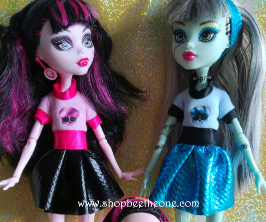 Robe bi-matière motif "Skulette" pour poupées Monster High (disponible aussi sans motif) - 2 modèles - Collection Glitter Party - Marque Zambara
