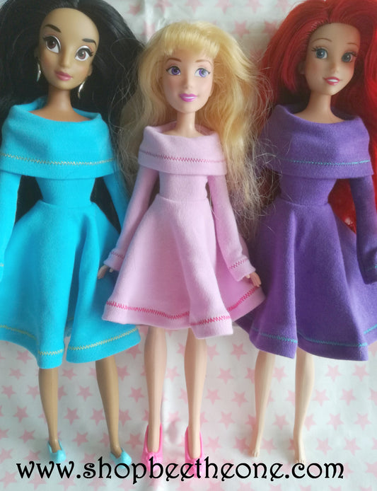 Robe mi-longue à col Bardot pour poupées Disney Princesses (Store et Hasbro) - 3 coloris - Collection Basics - Marque Zambara
