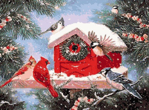Diagramme grille digitale Broderie au point de croix - "L'Abri pour oiseaux à Noël" - Collection "Noël"